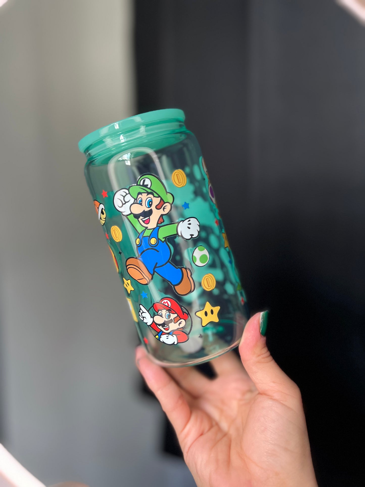 Teal Jelly Glass Can Libbey 16oz Cup w Video Game Luigi Mario