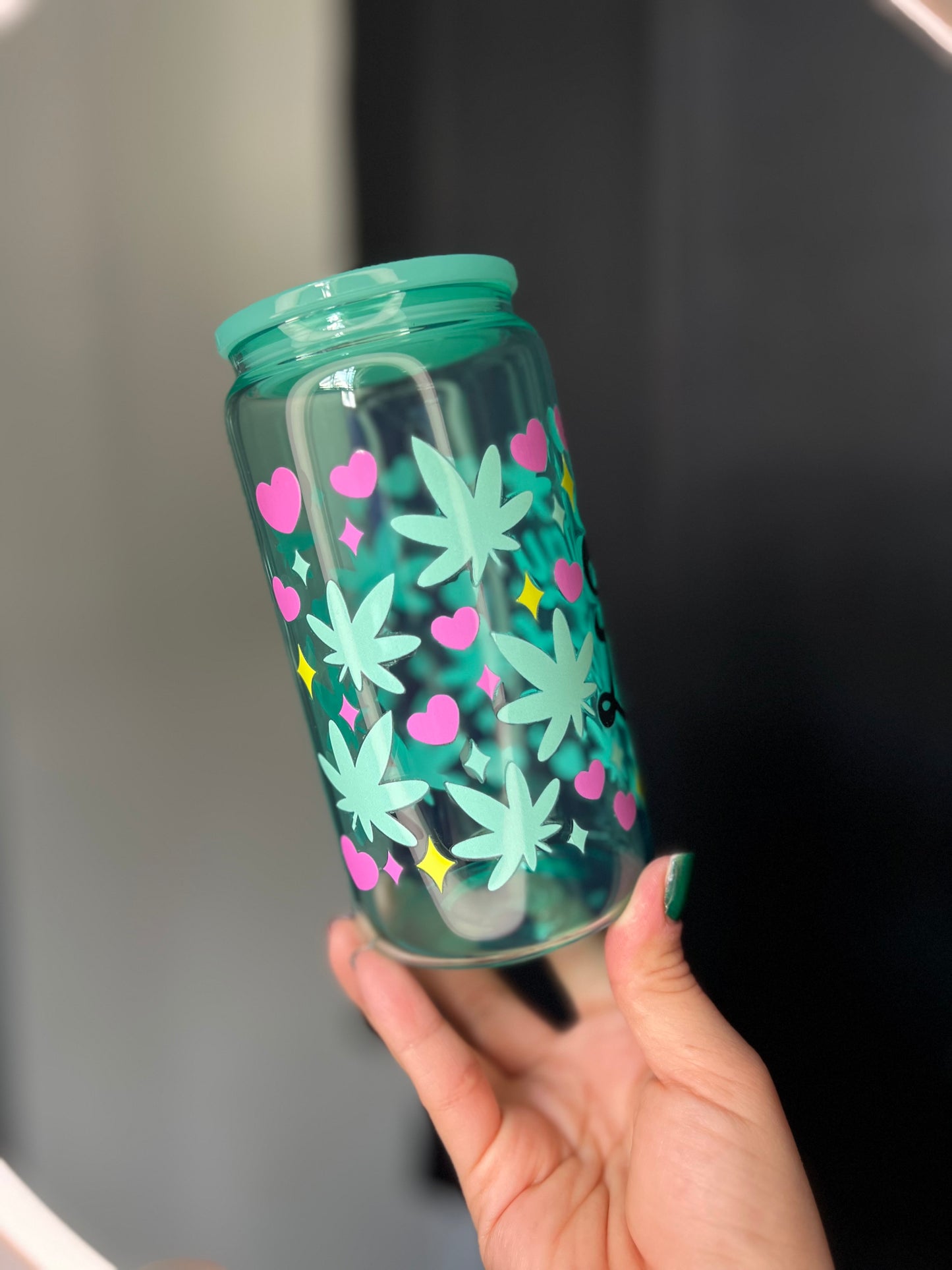 Teal Jelly Glass Can Libbey 16oz Cup w Stay Lifted Decal