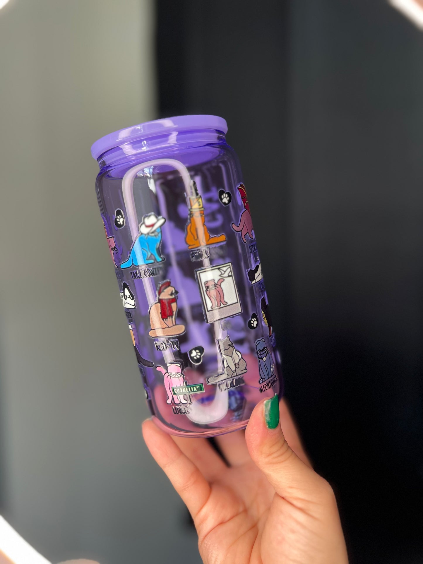 Purple Jelly Glass Can Libbey 16oz Cup w Cat Karma Decal