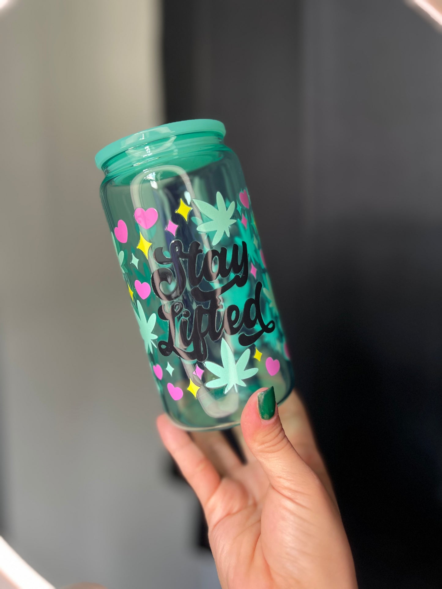 Teal Jelly Glass Can Libbey 16oz Cup w Stay Lifted Decal