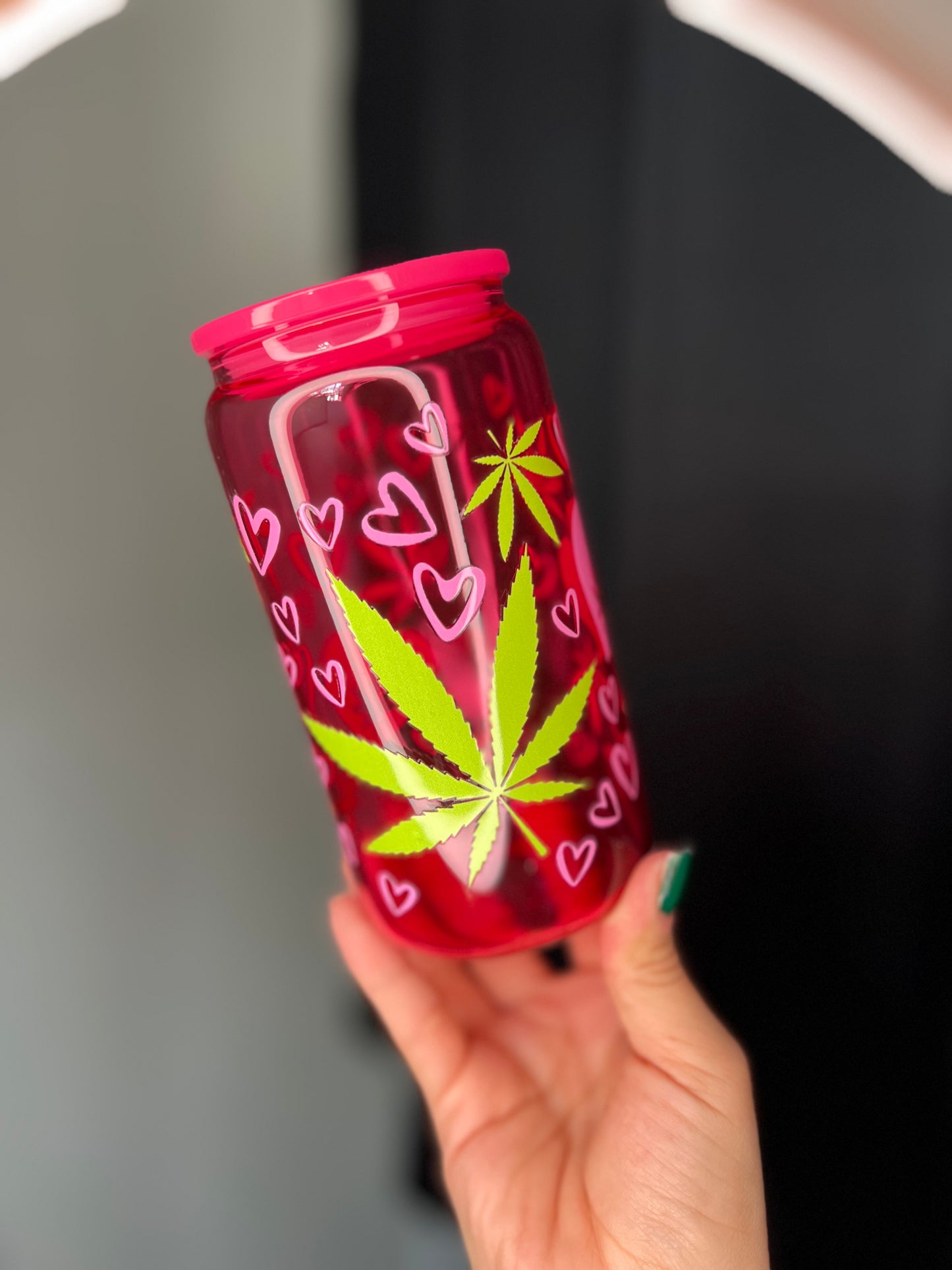 Hot Pink Jelly Glass Can Libbey 16oz Cup w Plant and Hearts