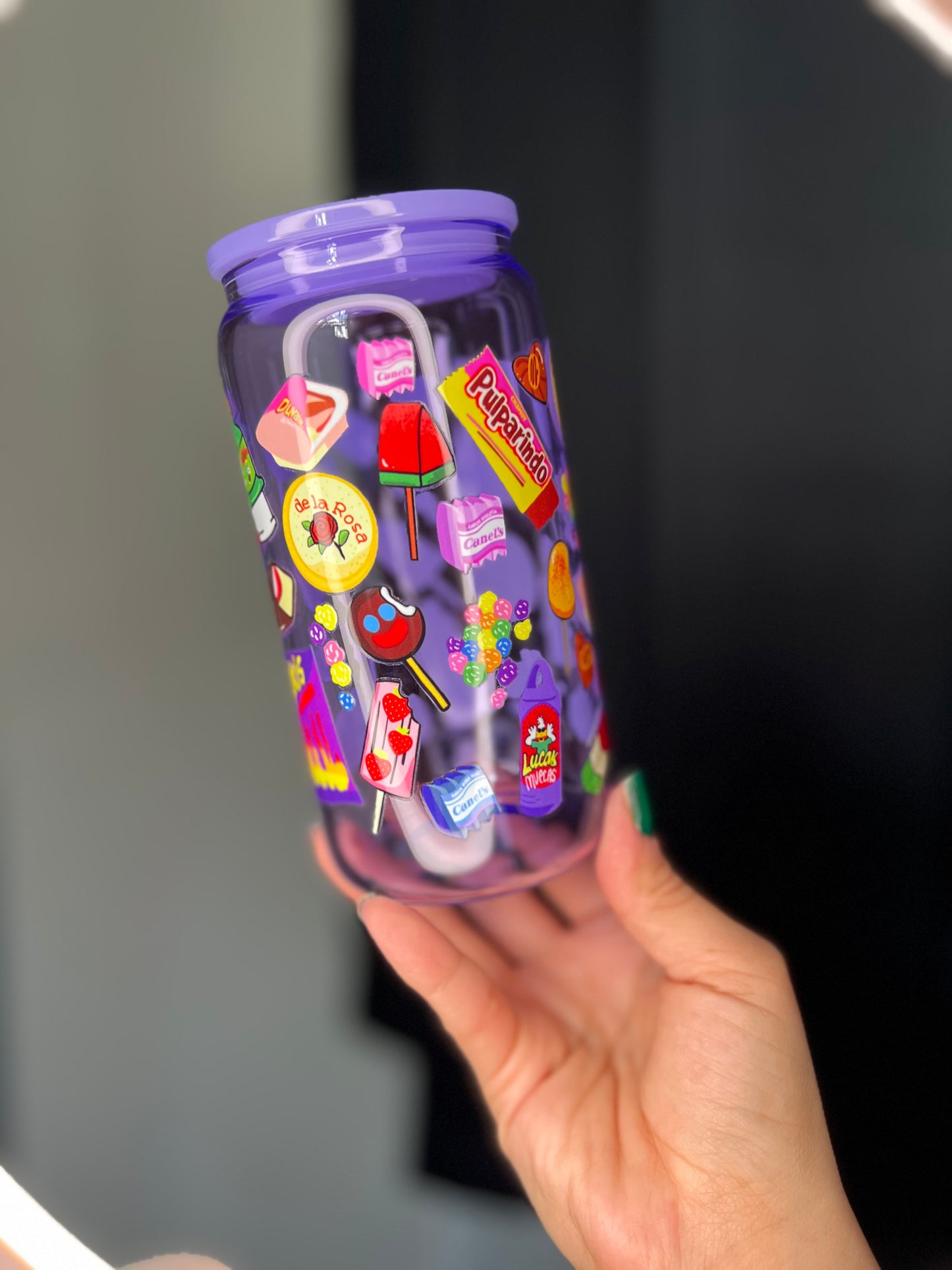 Purple Jelly Glass Can Libbey 16oz Cup w Mexican Candy Decal
