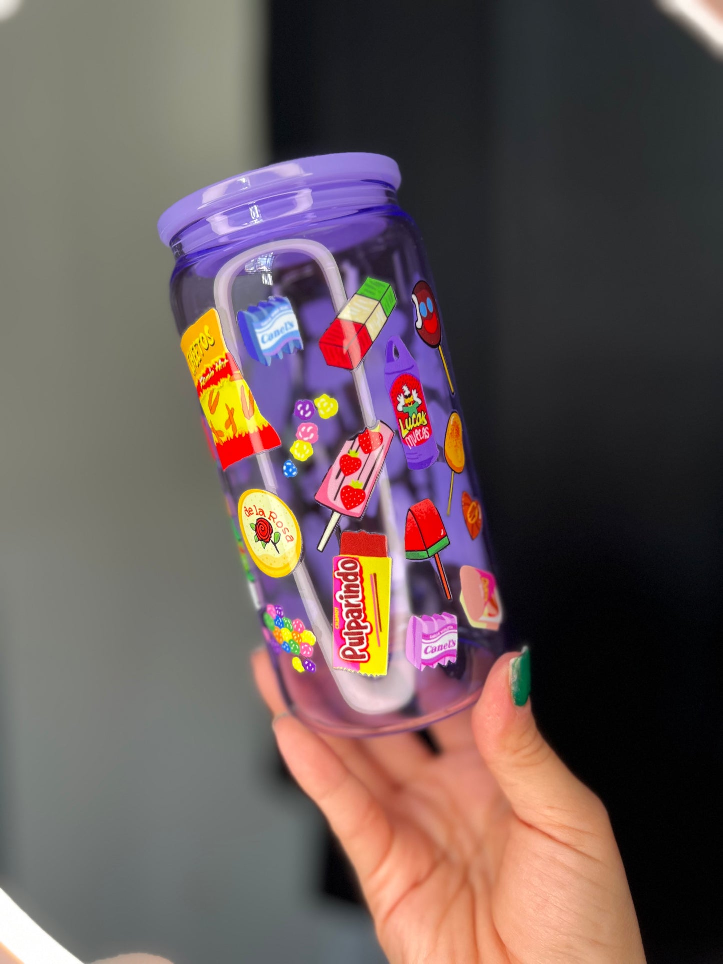 Purple Jelly Glass Can Libbey 16oz Cup w Mexican Candy Decal