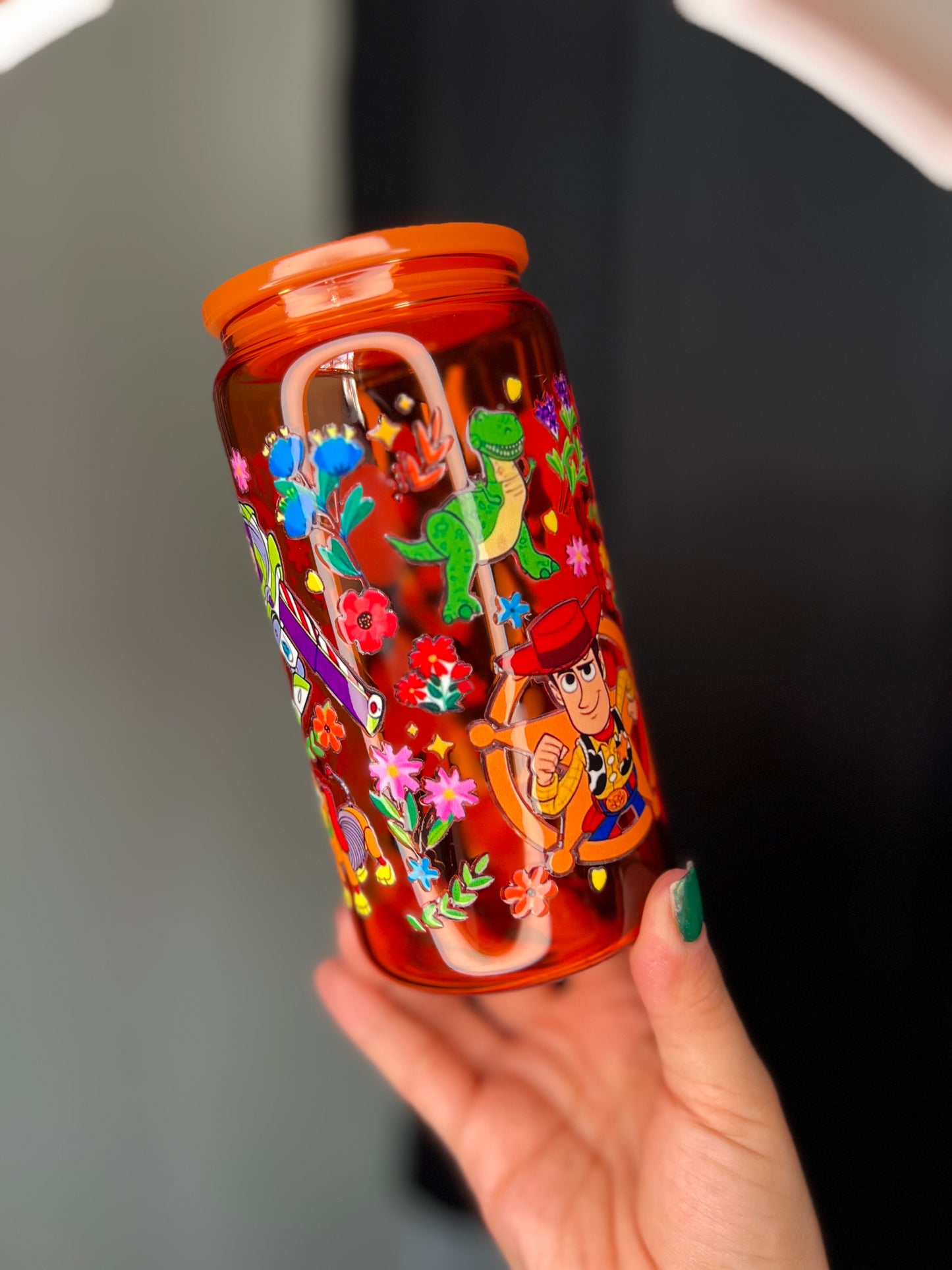 Orange Jelly Glass Can Libbey 16oz Cup w Toy Decal