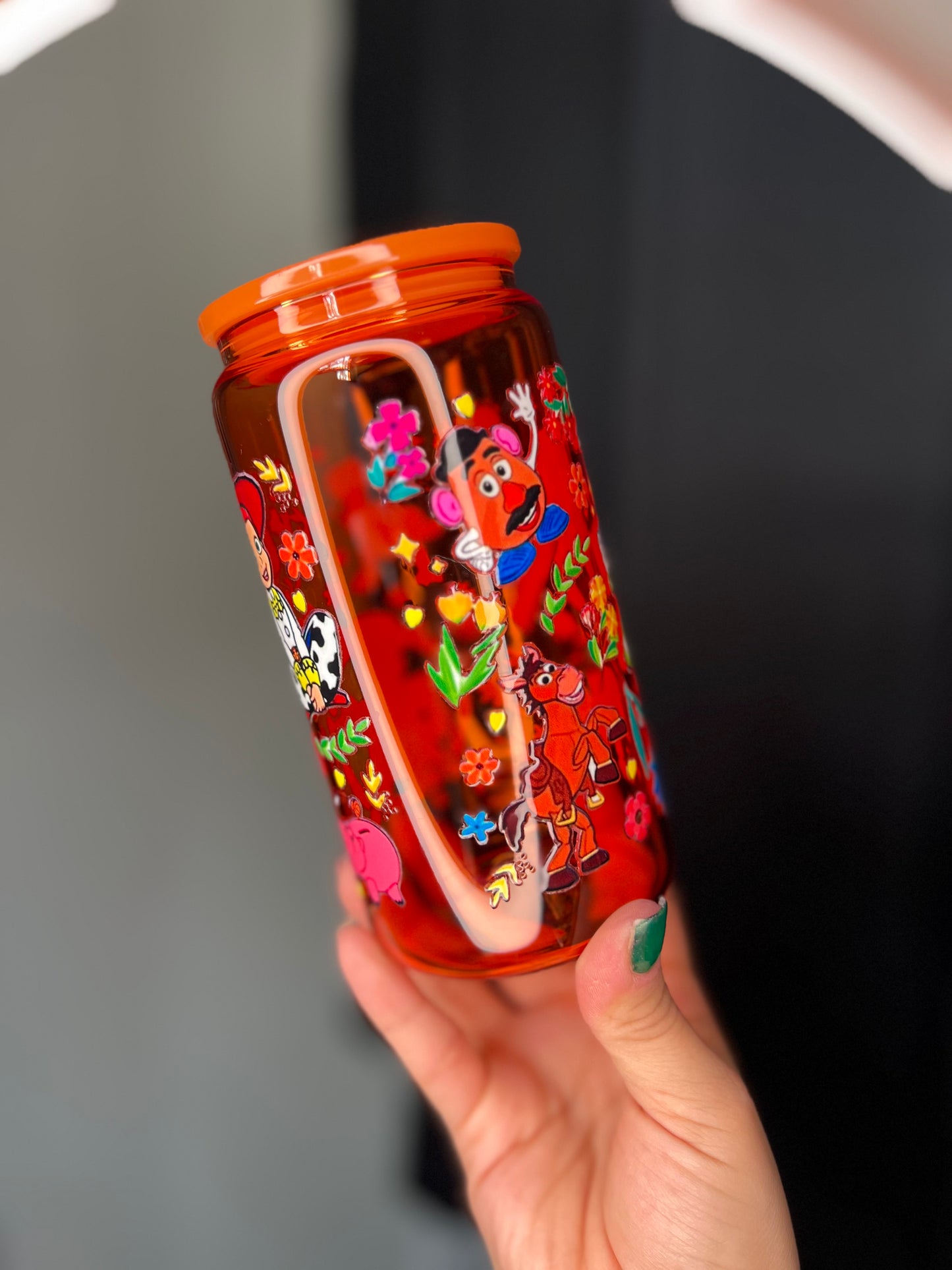 Orange Jelly Glass Can Libbey 16oz Cup w Toy Decal