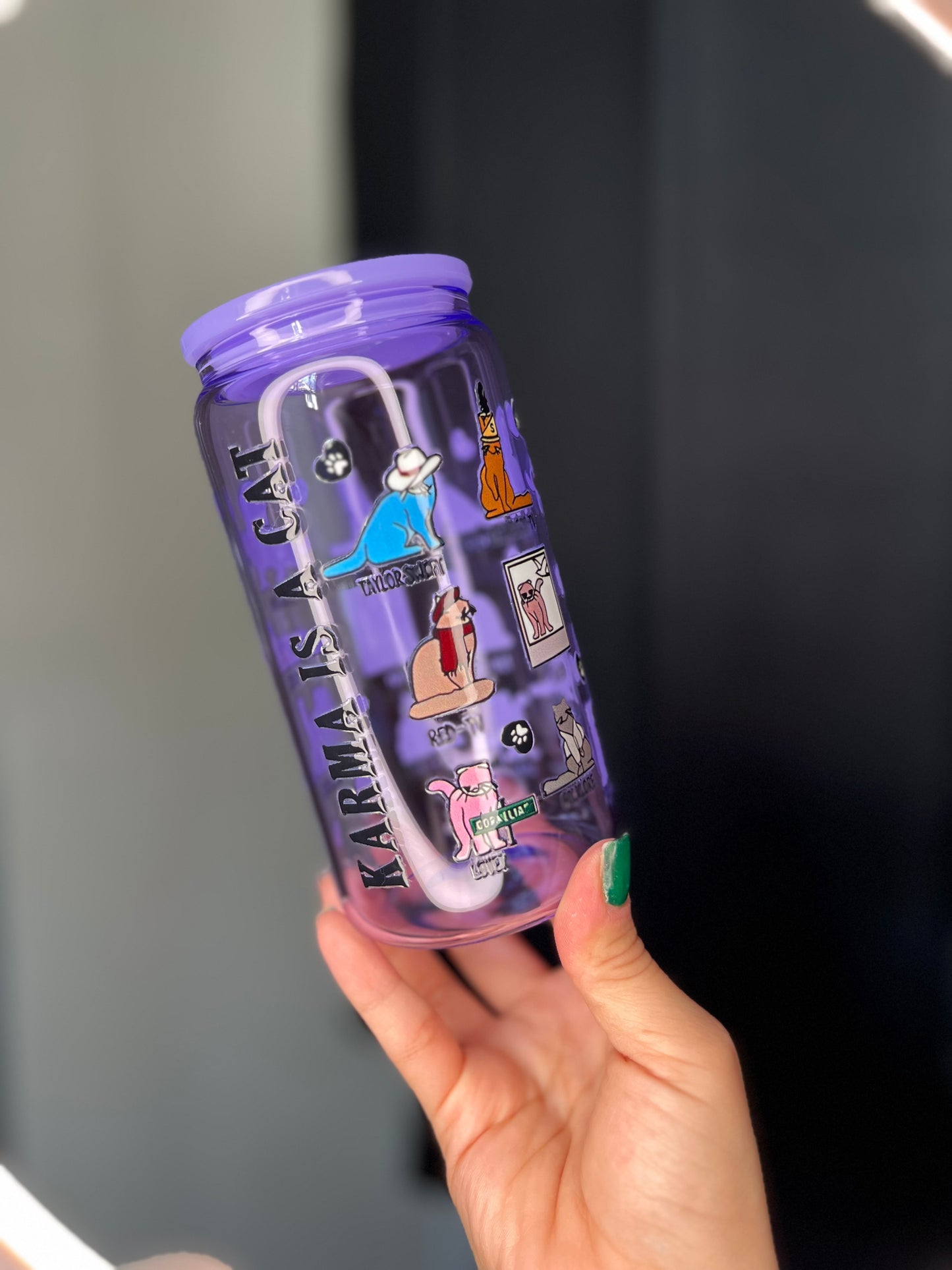 Purple Jelly Glass Can Libbey 16oz Cup w Cat Karma Decal