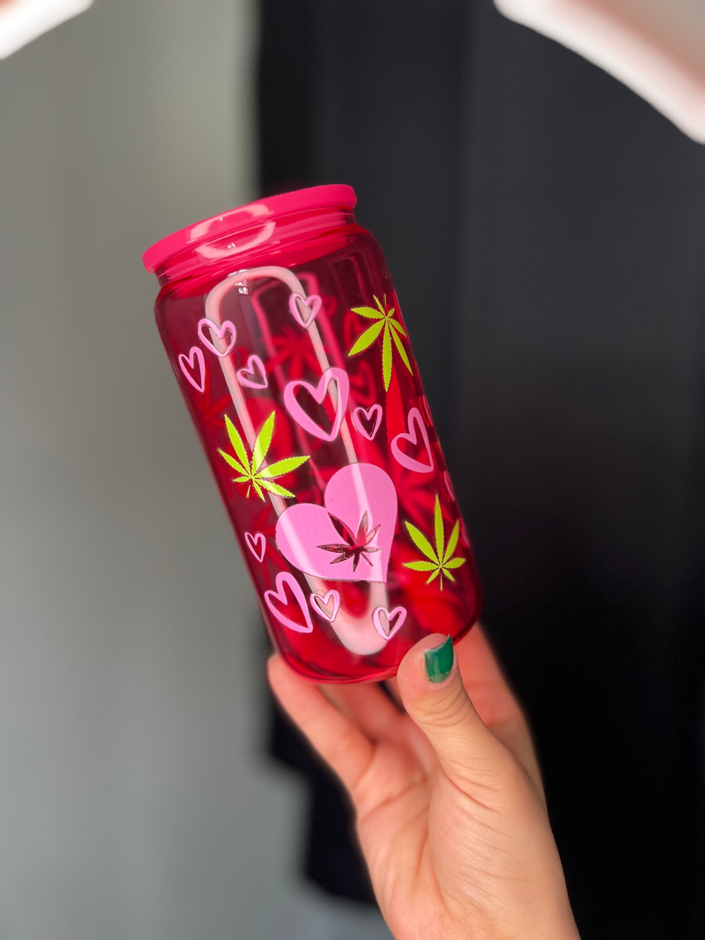 Hot Pink Jelly Glass Can Libbey 16oz Cup w Plant and Hearts