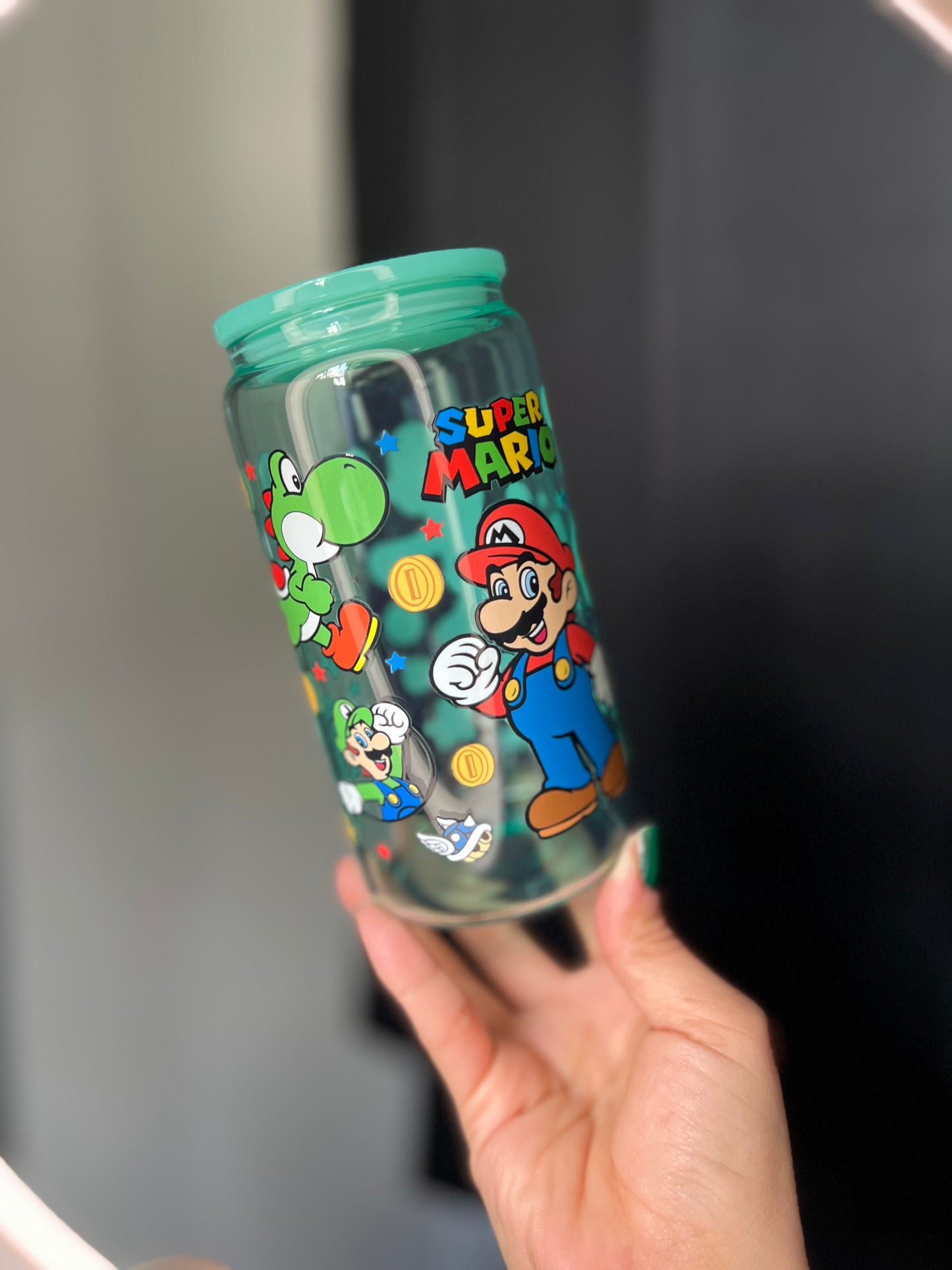 Teal Jelly Glass Can Libbey 16oz Cup w Video Game Luigi Mario
