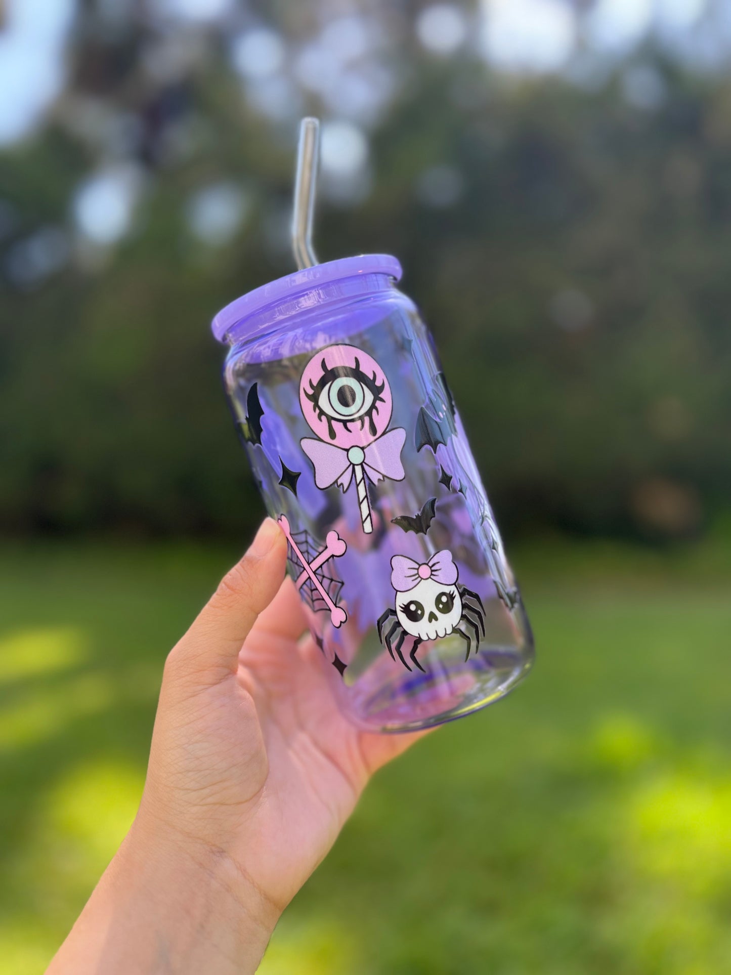 Purple Jelly Glass Can Libbey 16oz Cup w Stay Creepy Decal