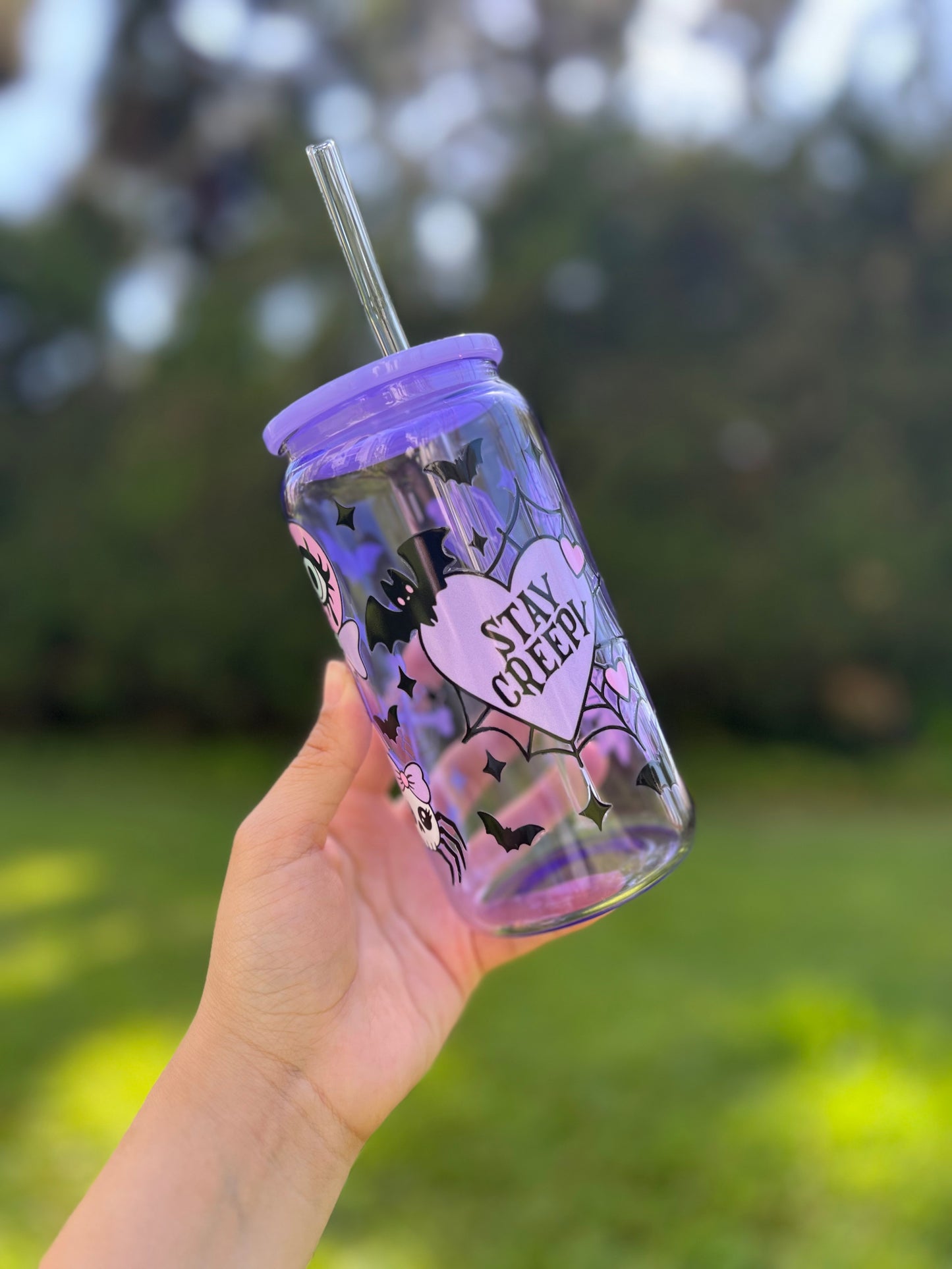 Purple Jelly Glass Can Libbey 16oz Cup w Stay Creepy Decal