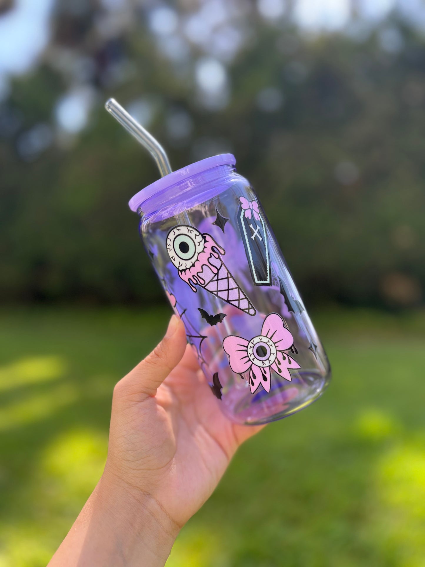 Purple Jelly Glass Can Libbey 16oz Cup w Stay Creepy Decal