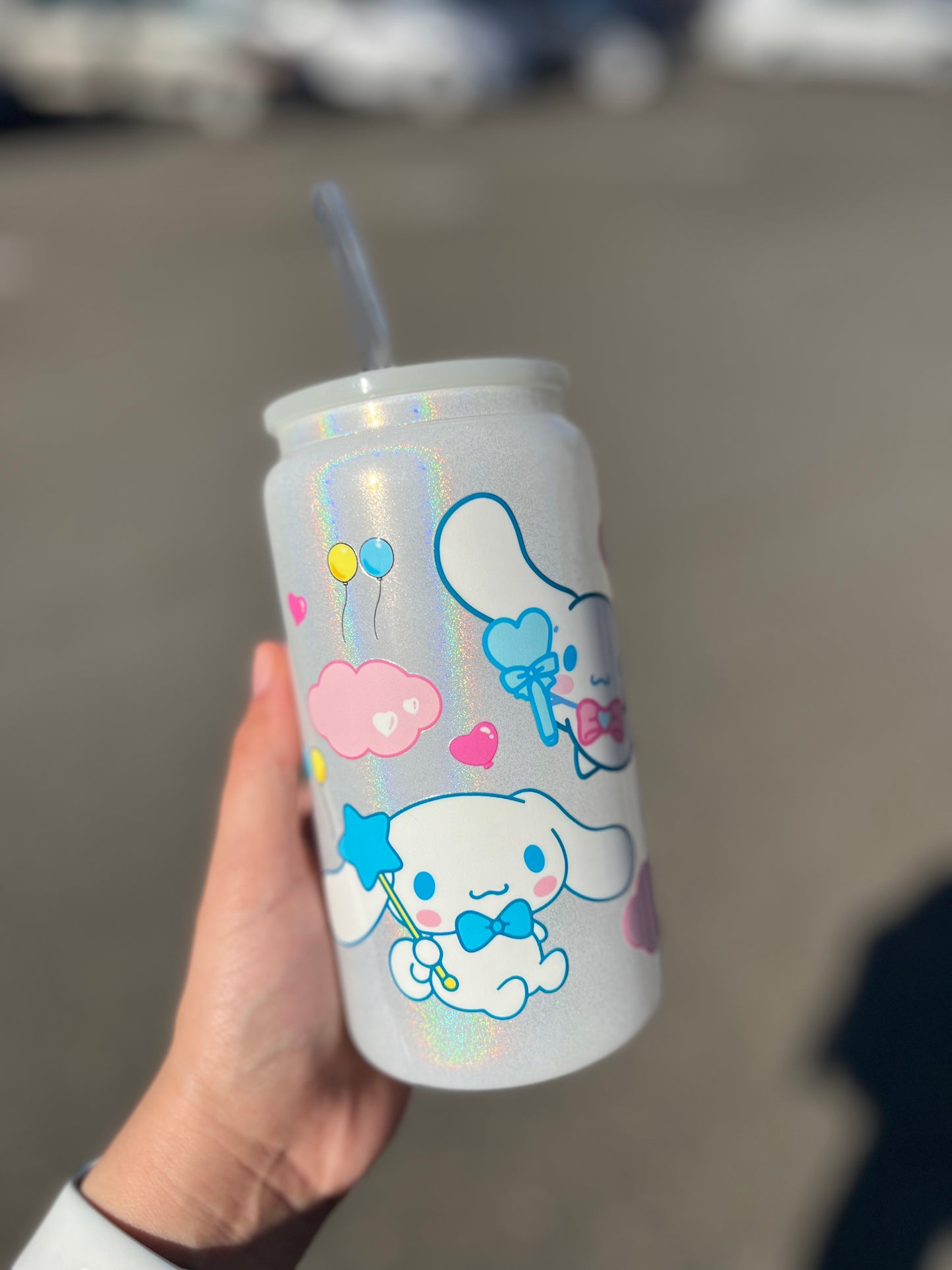 Shimmer Glass Can 16oz Cup w Cute Decal