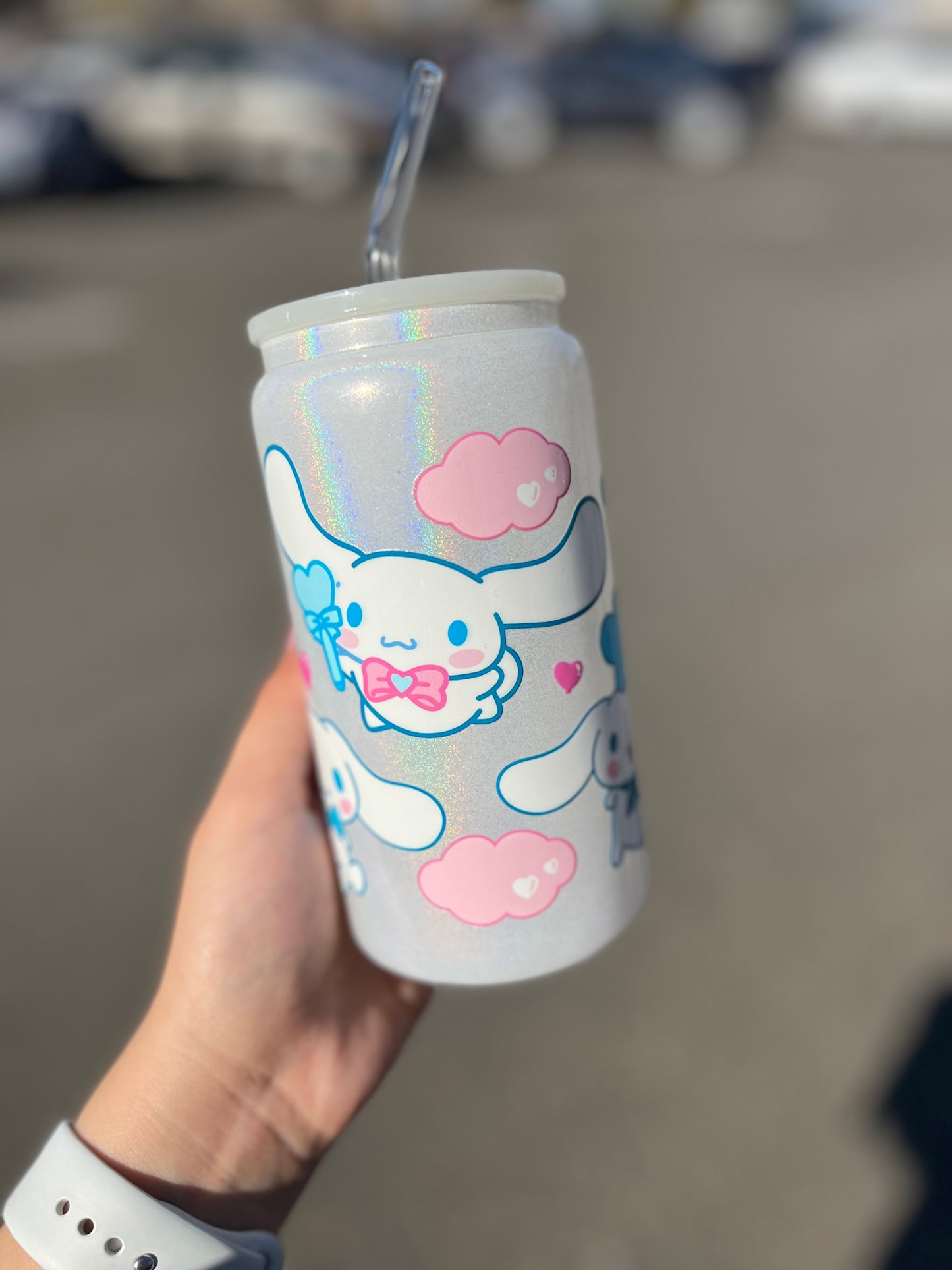 Shimmer Glass Can 16oz Cup w Cute Decal