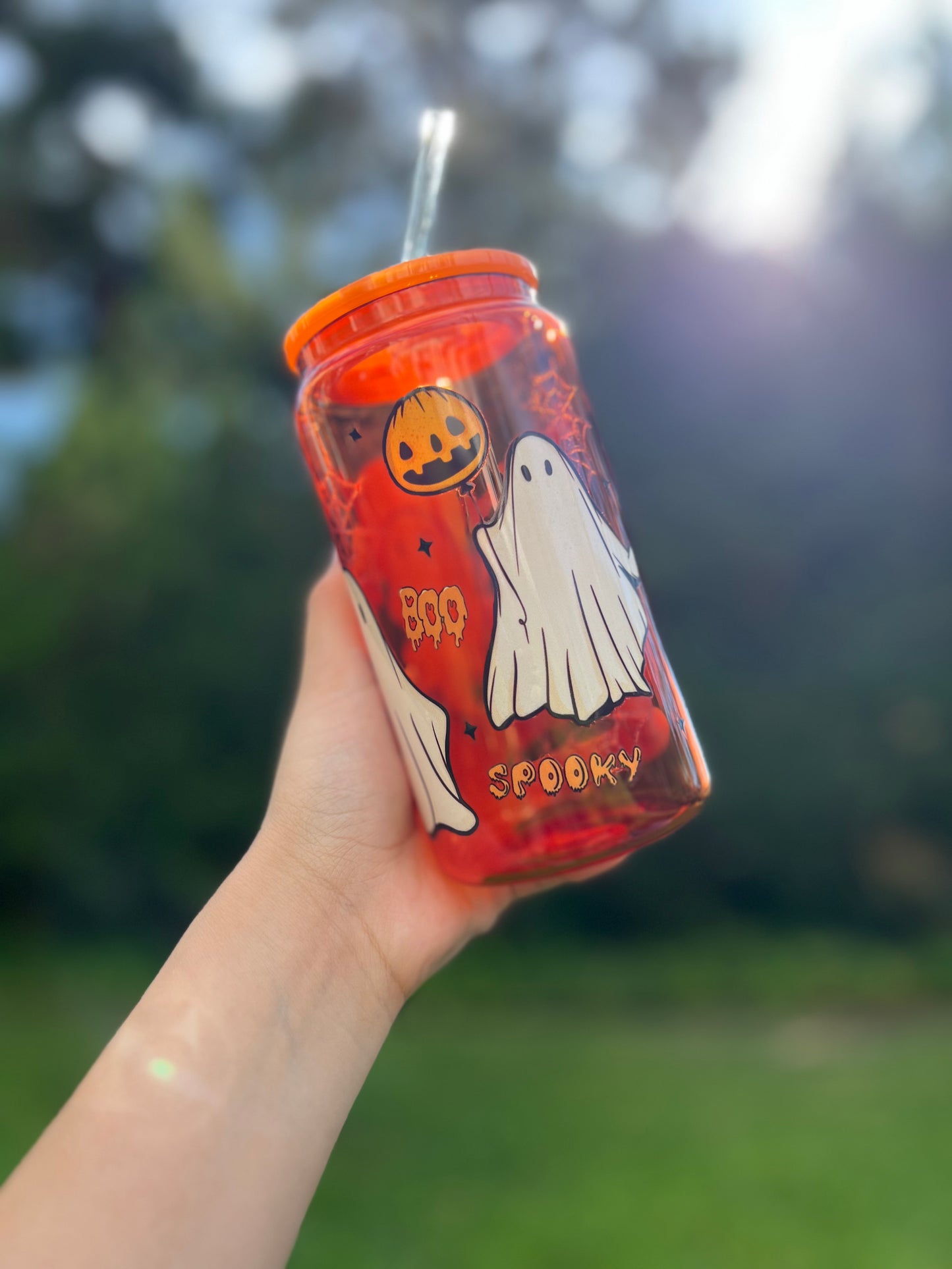 Orange Jelly Glass Can Libbey 16oz Cup w Trick or Treat Ghost Decal