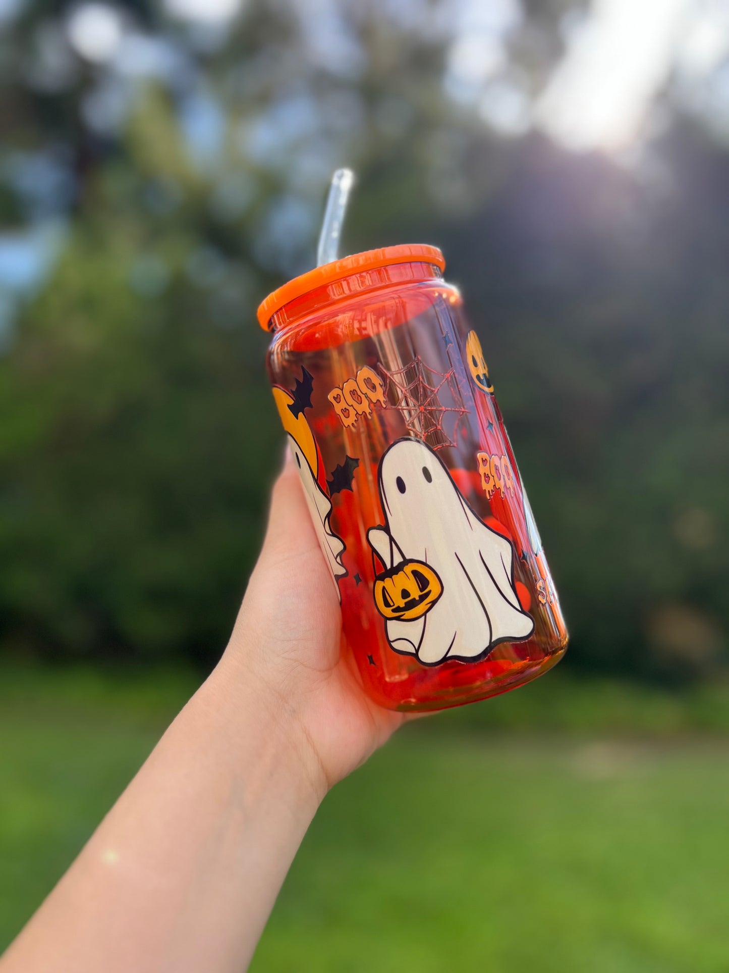 Orange Jelly Glass Can Libbey 16oz Cup w Trick or Treat Ghost Decal