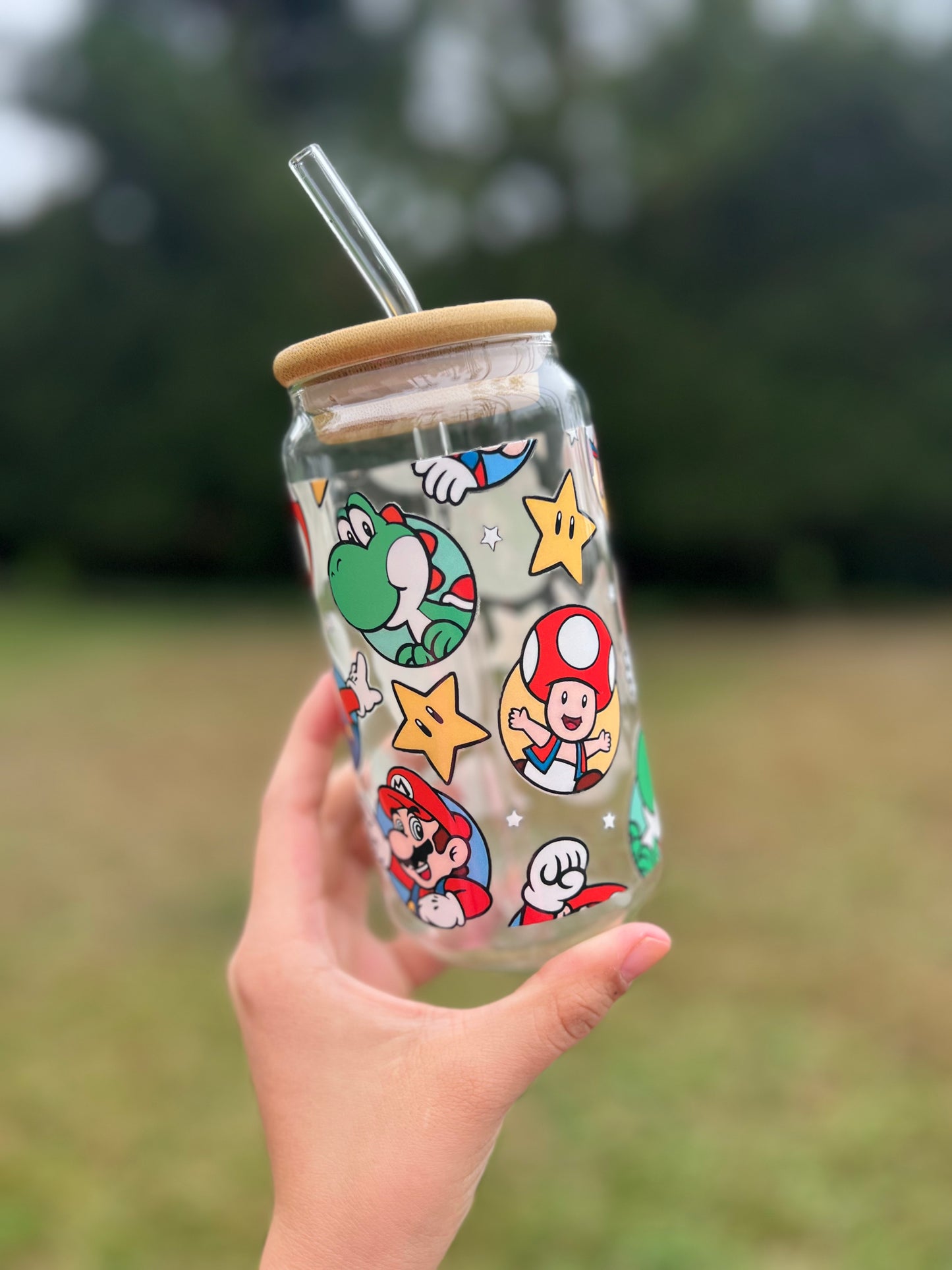 Clear Glass Can Libbey 16oz Cup w Video Game Character Decal