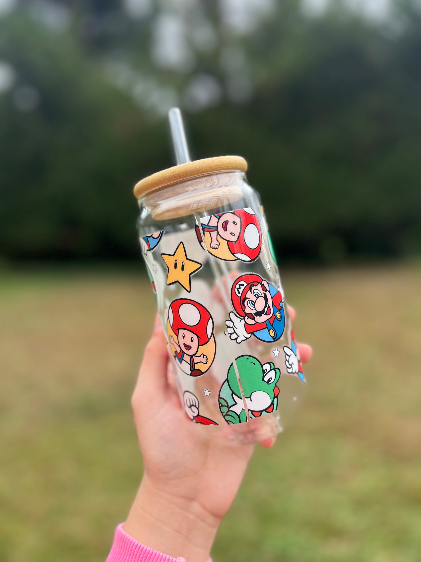 Clear Glass Can Libbey 16oz Cup w Video Game Character Decal