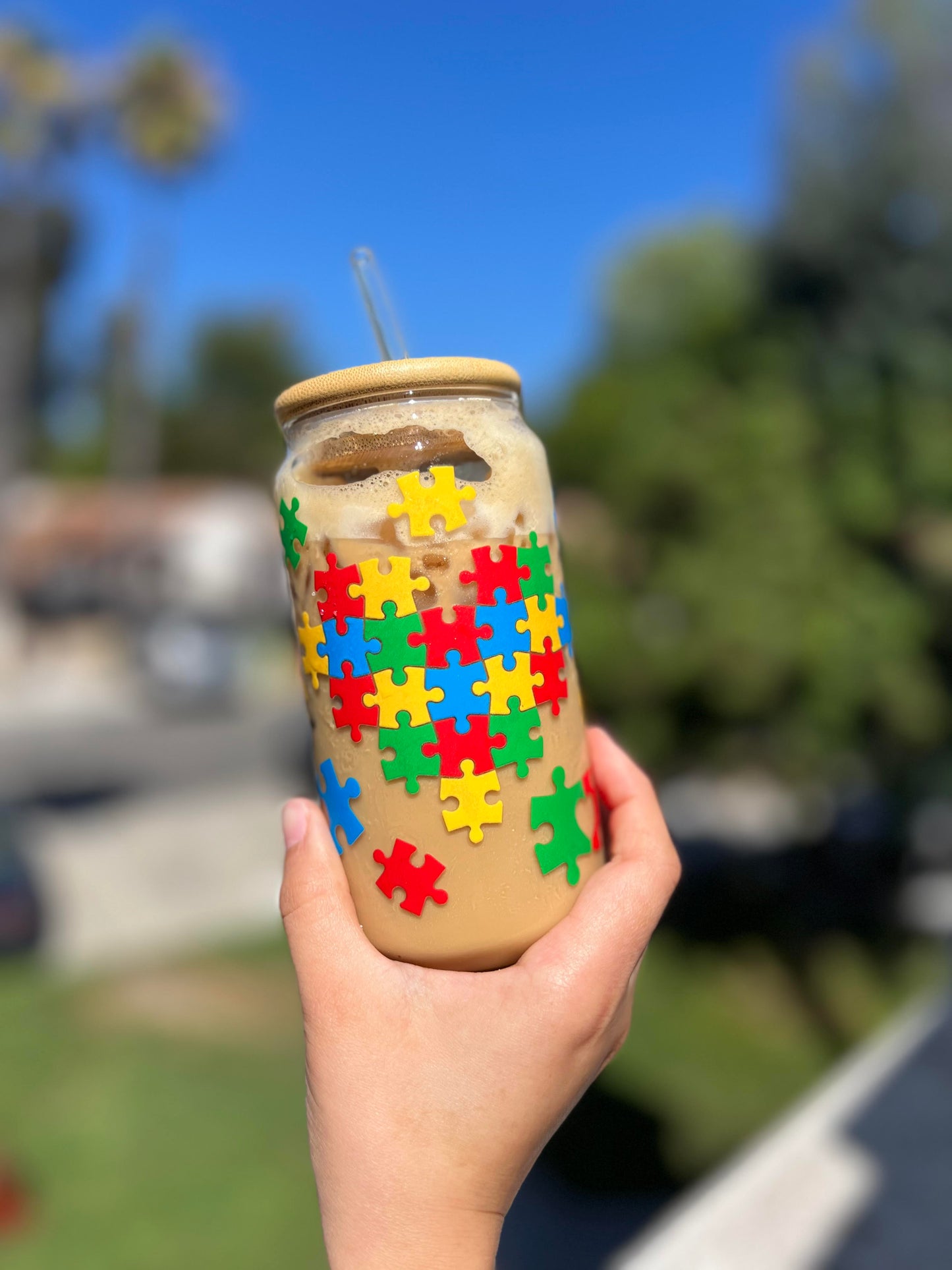 Clear Glass Can Libbey 16oz Cup w Autism Awareness Decal