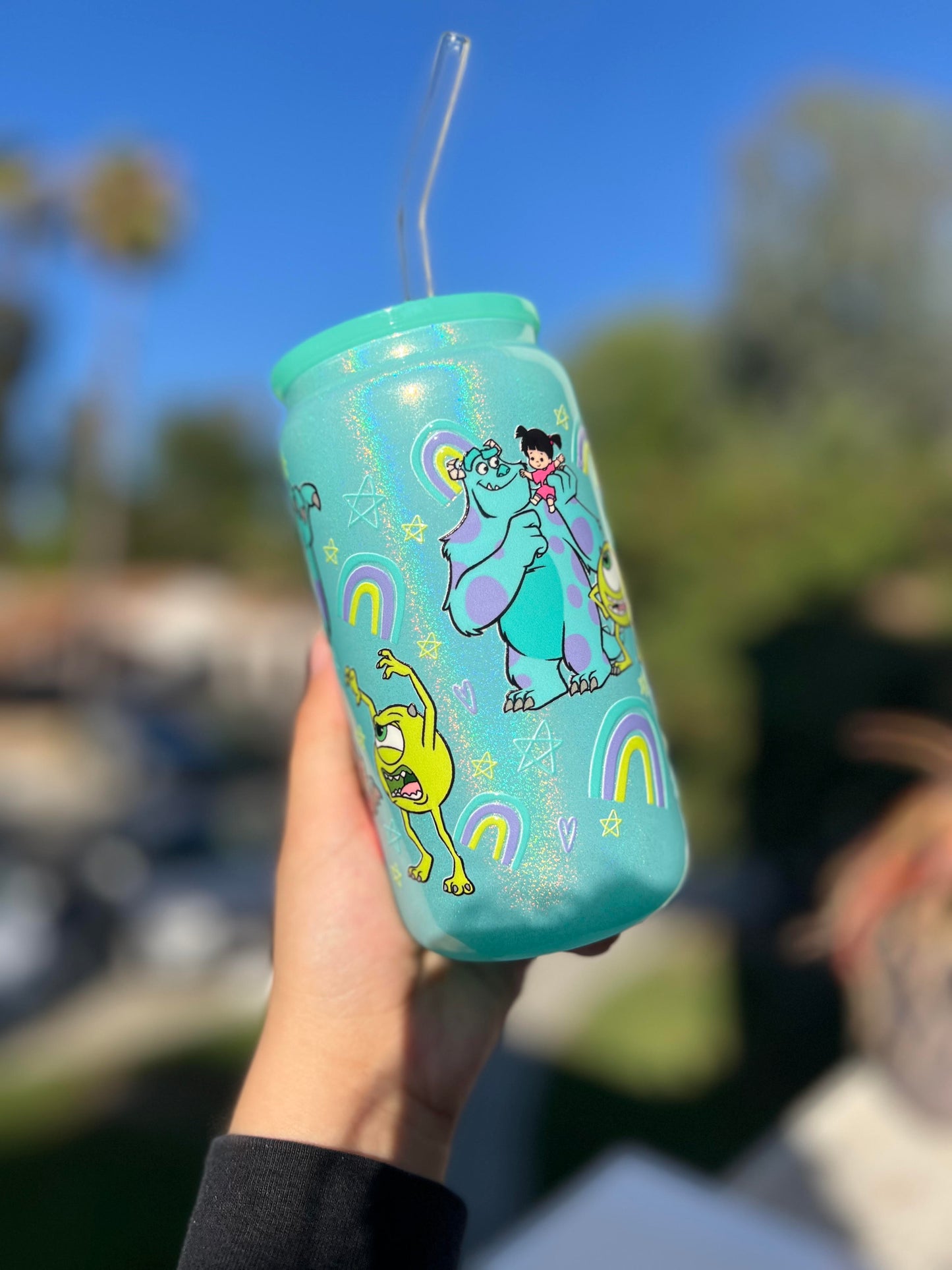 Shimmer Glass Can 16oz Cup w Monster & Girl Decal