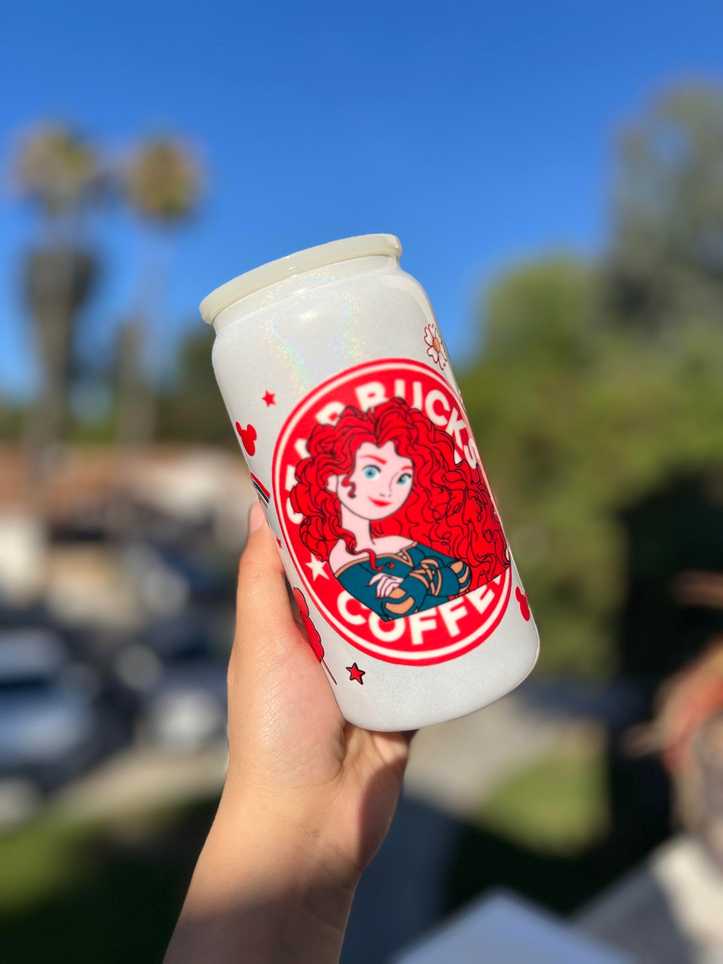 Shimmer Glass Can 16oz Cup w Red Princess Decal