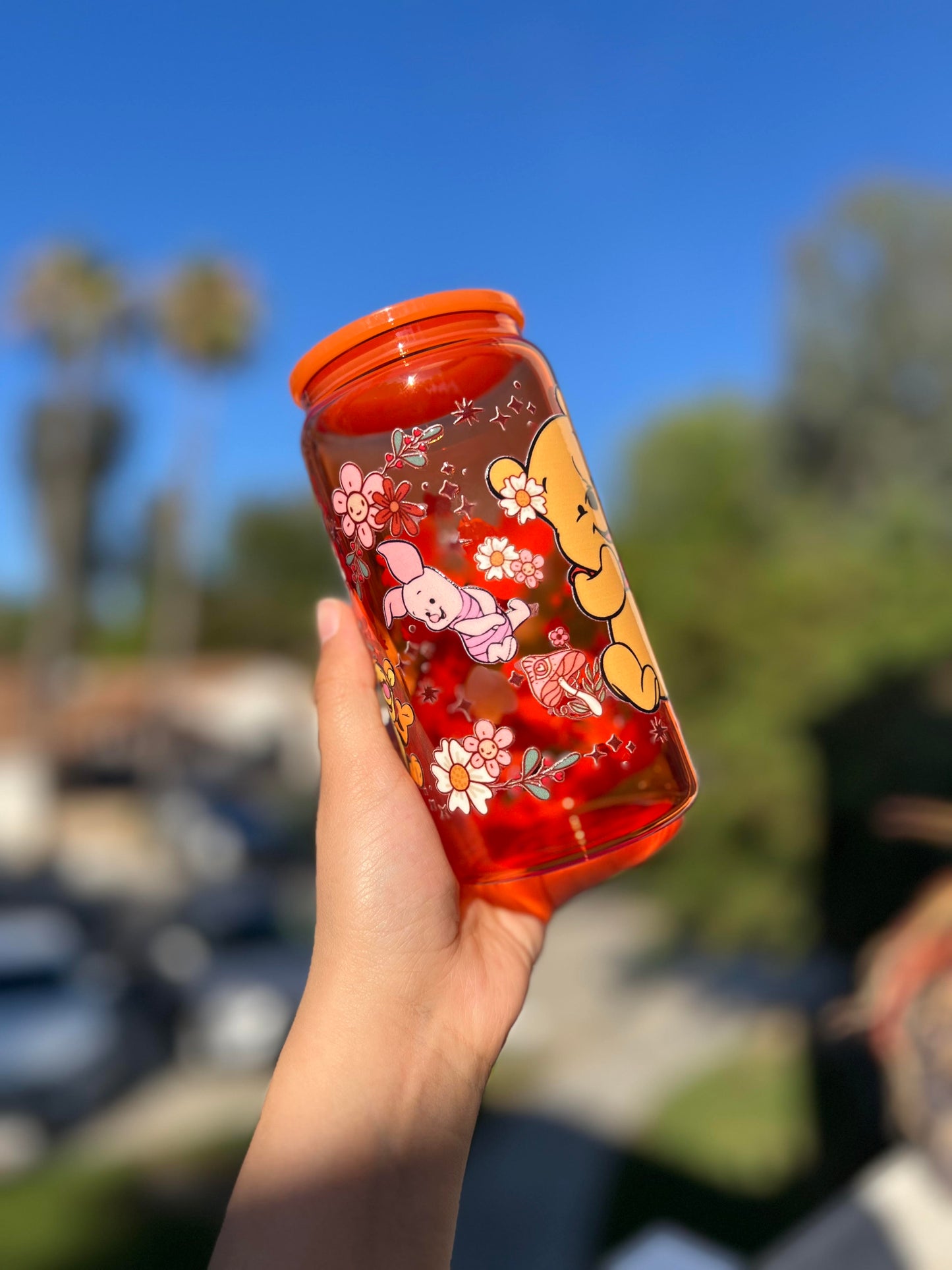 Jelly Glass Can 16oz Cup w Baby Pig & Bear Decal