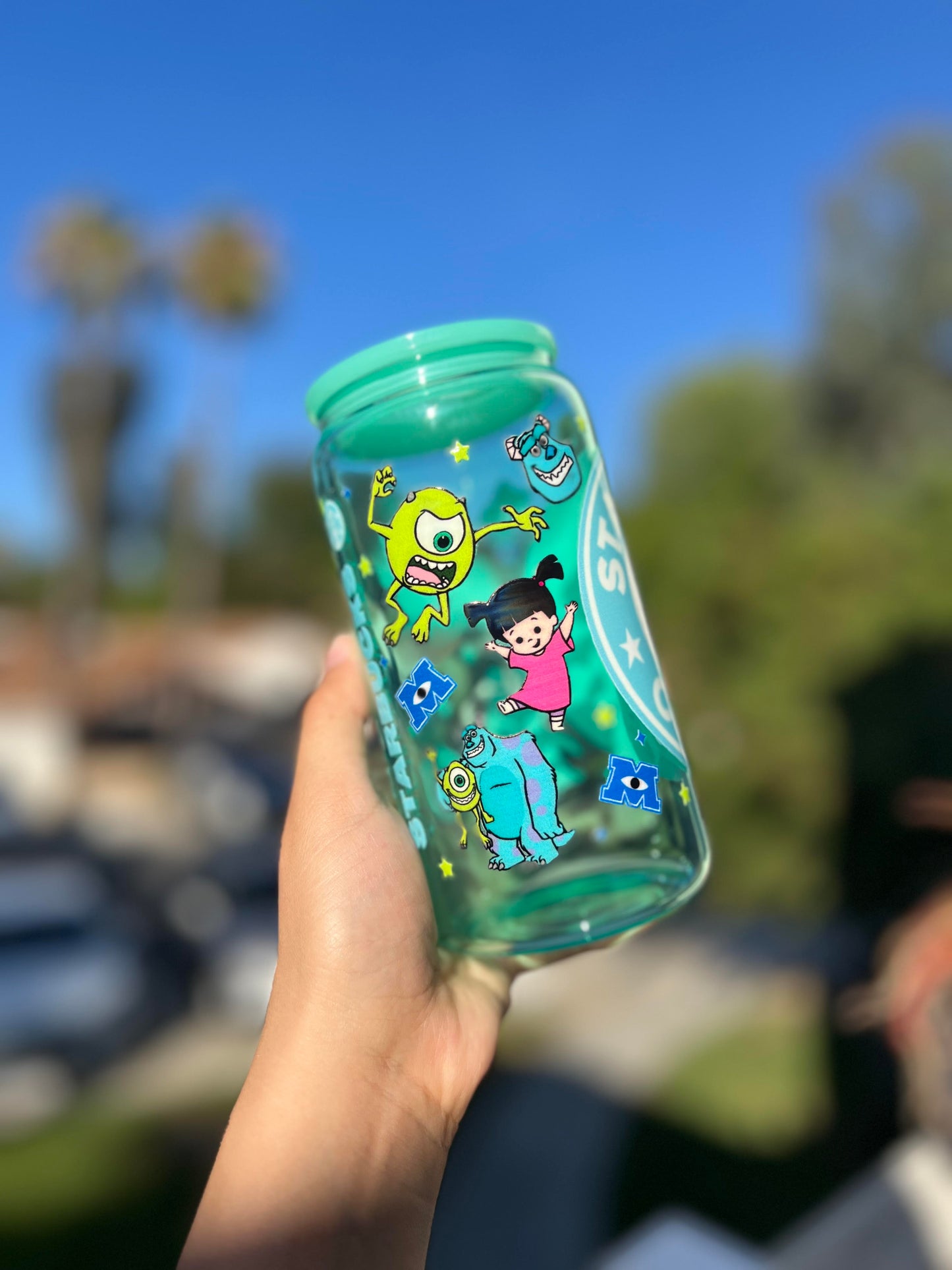 Jelly Glass Can 16oz Cup w Monster & Girl Decal