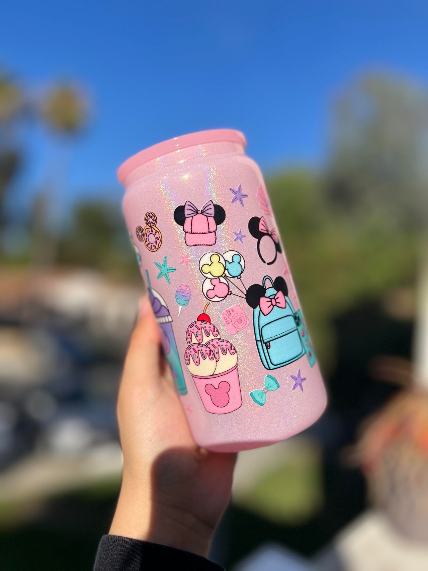 Shimmer Glass Can 16oz Cup w Mouse Frappe Decal