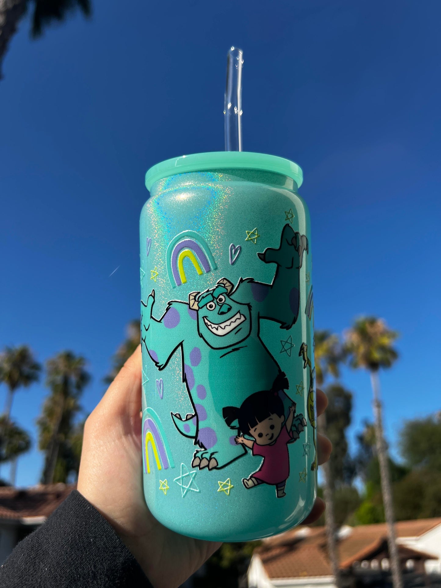 Shimmer Glass Can 16oz Cup w Monster & Girl Decal