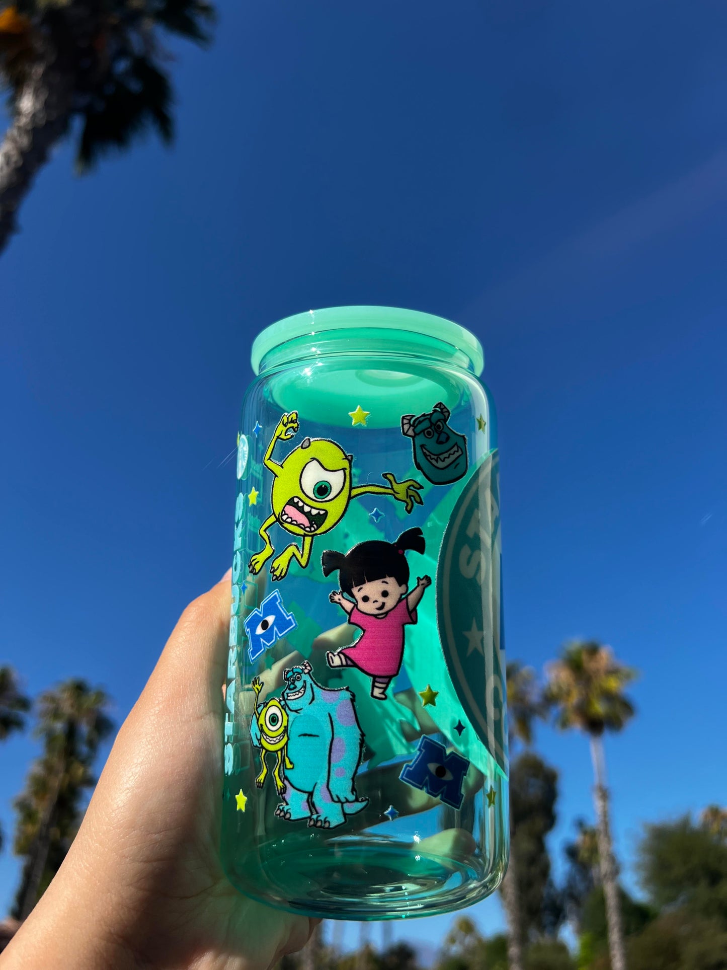 Jelly Glass Can 16oz Cup w Monster & Girl Decal