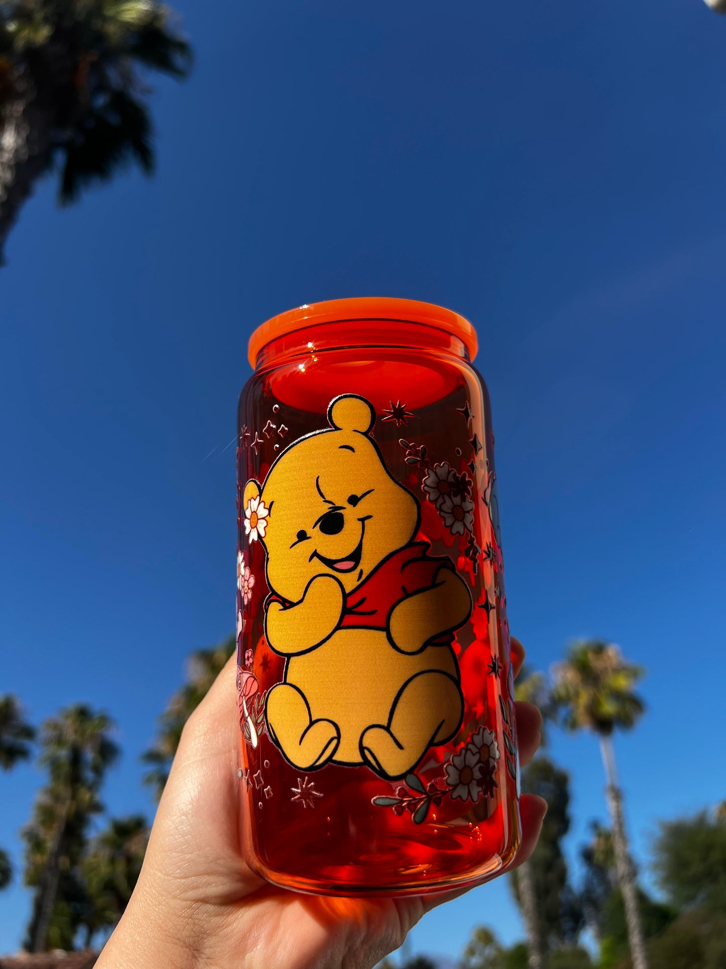 Jelly Glass Can 16oz Cup w Baby Pig & Bear Decal