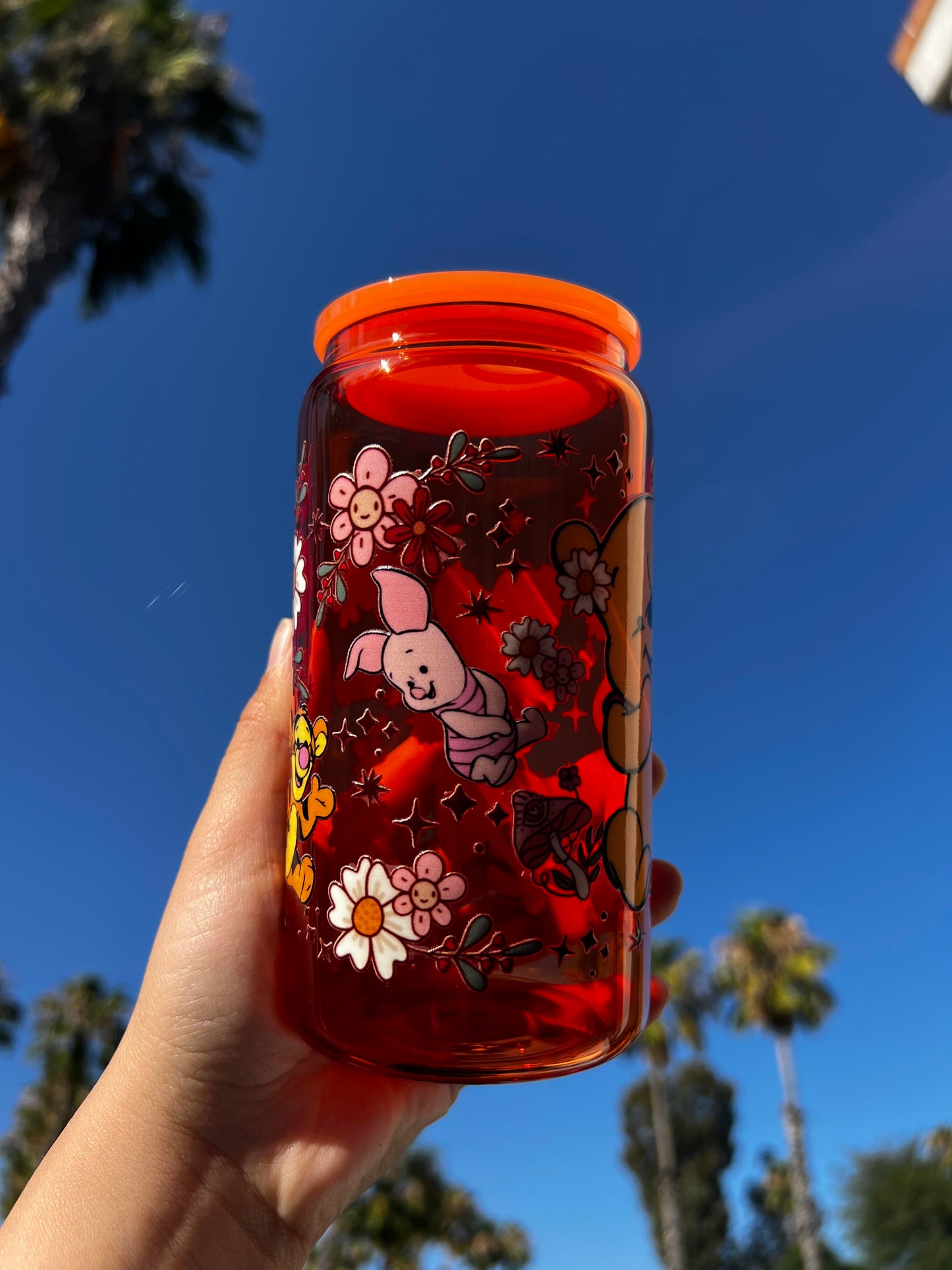 Jelly Glass Can 16oz Cup w Baby Pig & Bear Decal