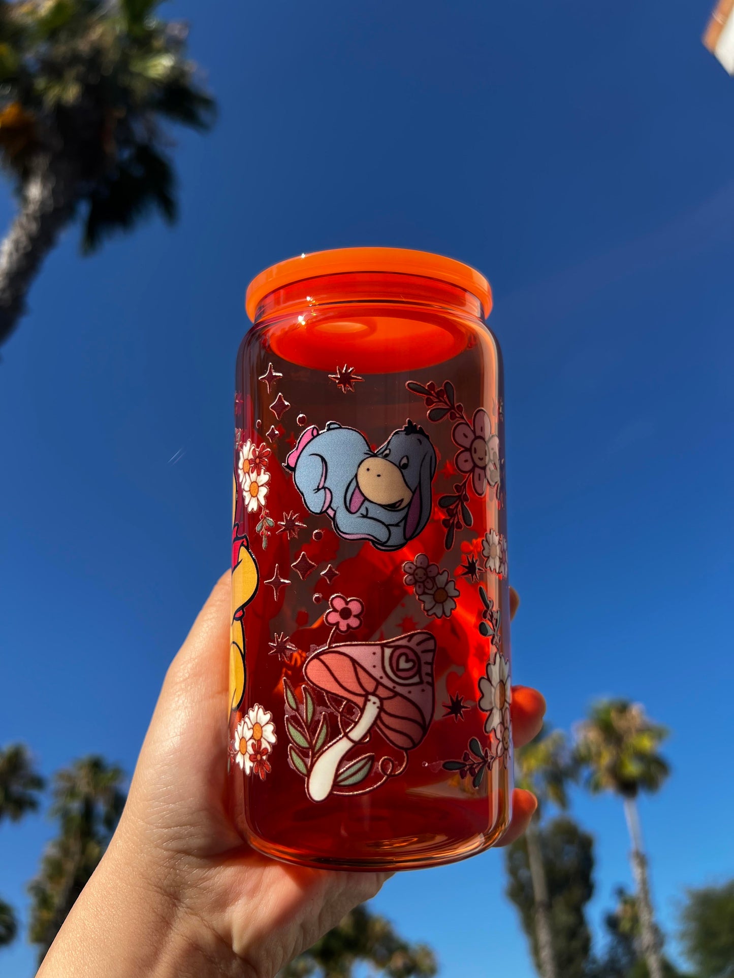 Jelly Glass Can 16oz Cup w Baby Pig & Bear Decal