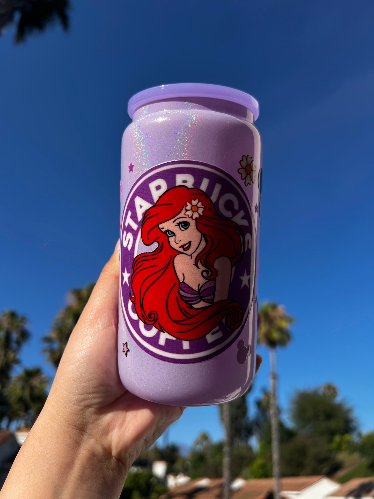 Shimmer Glass Can 16oz Cup w Mermaid Princess Decal