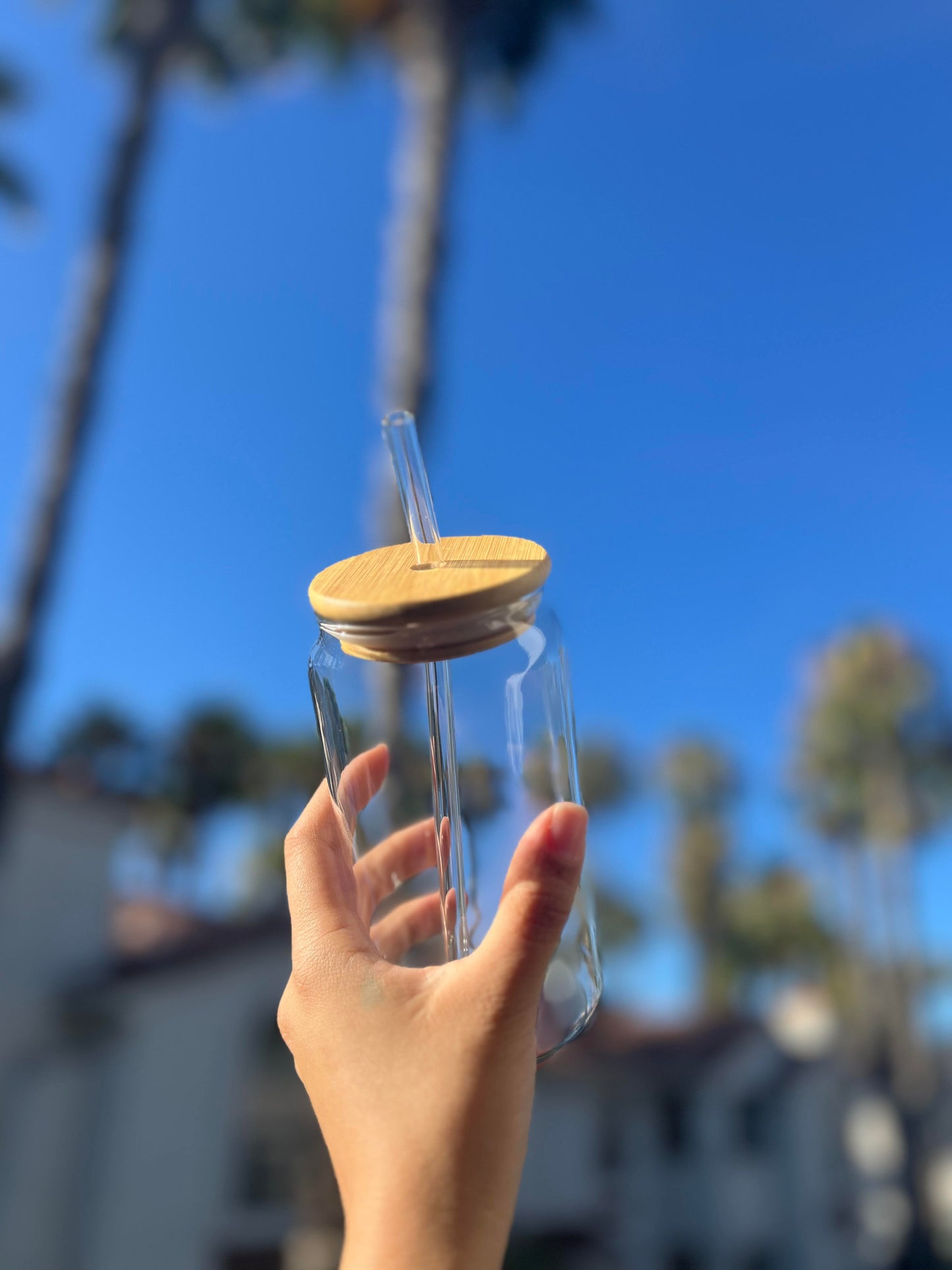 *Customizable* Clear Glass Can 16oz Cup, Bamboo Lid & Plastic Straw