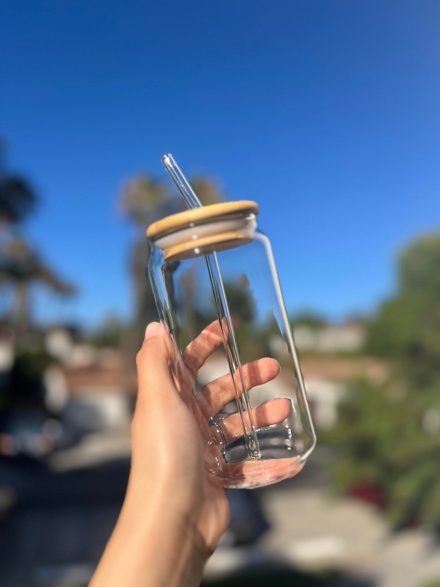 *Customizable* Clear Glass Can 16oz Cup, Bamboo Lid & Plastic Straw